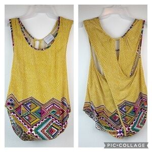 Coveted clothing cross wrap back geometric colorful tribal print tank top, EUC
